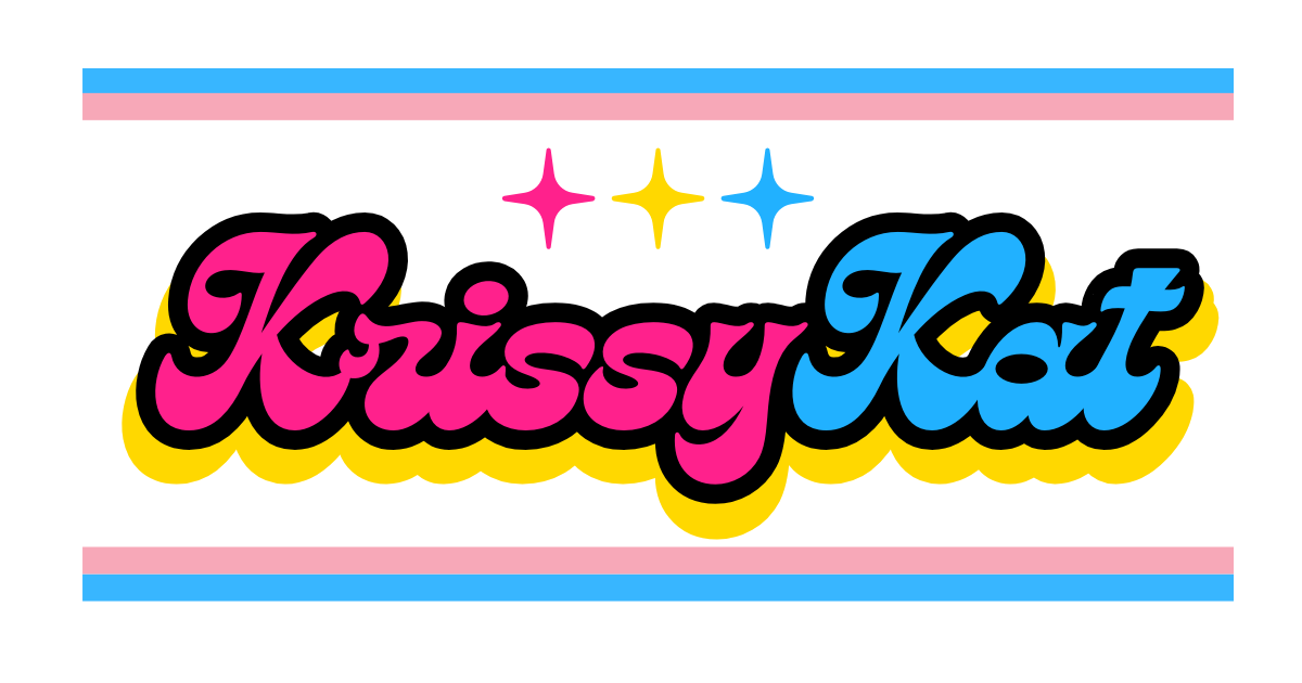 A banner photo with pink and blue KrissyKat written in Laries Script, a stylized cursive font.